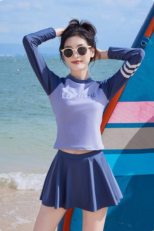 CWMW0859_LONG SLEEVE SHORT SKIRT TWO PIECE SWIMSUIT