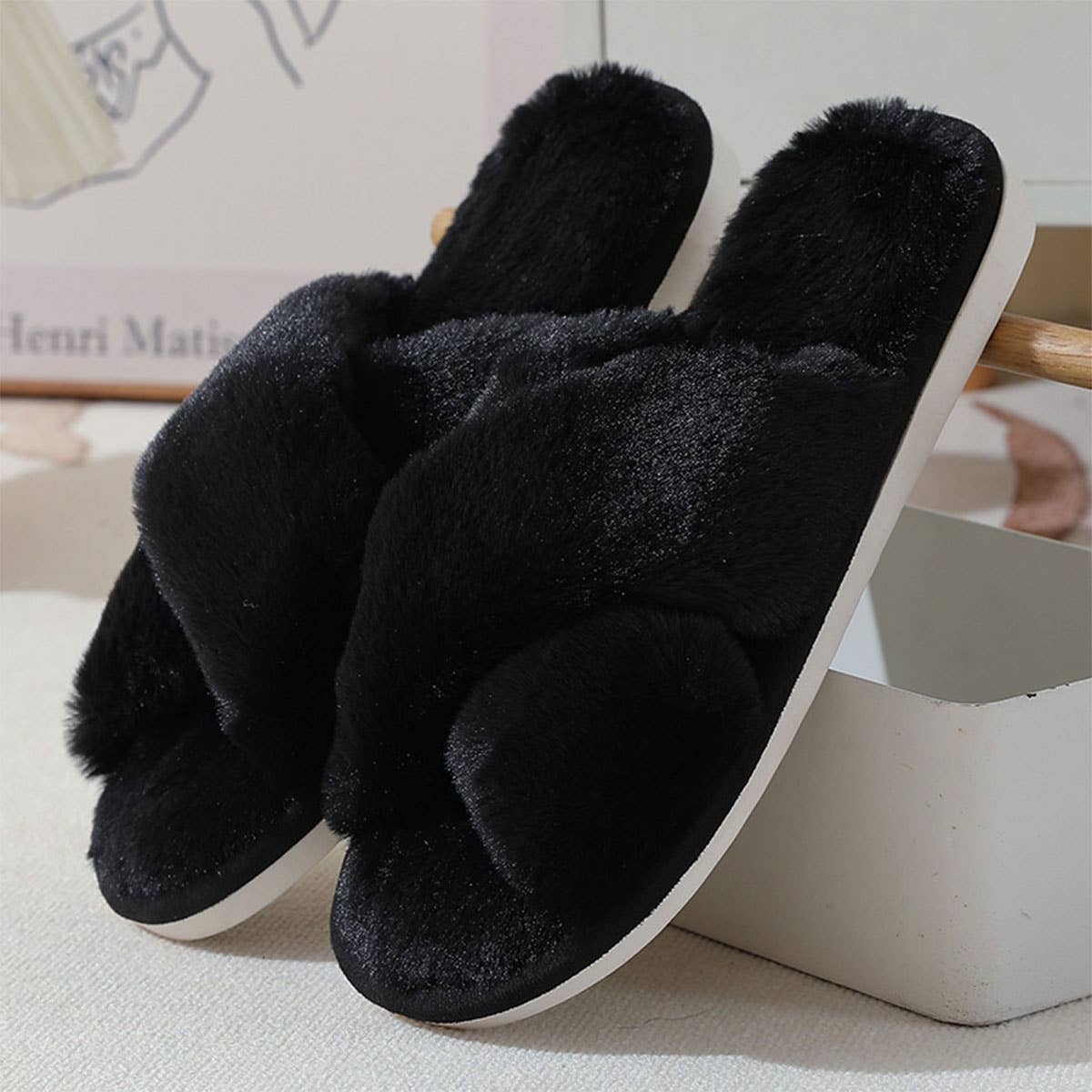 Cross style Faux rabbit fur slippers For Women