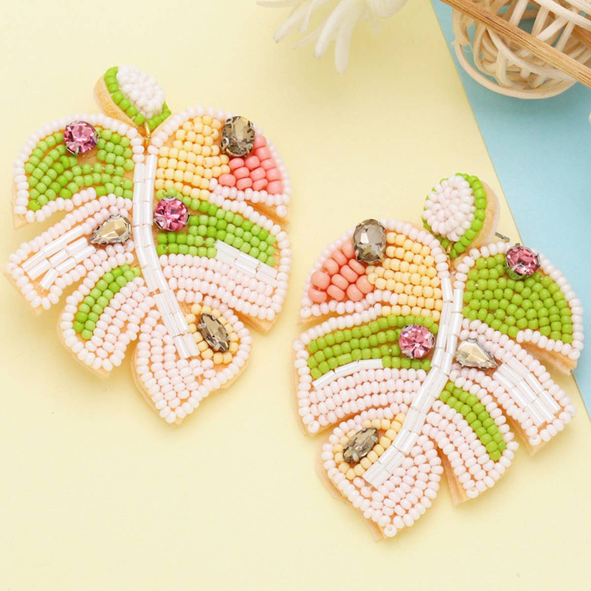 BOHEMIAN HANDMADE WOVEN RICE BEAD LEAF EARRINGS_CWAJE1018