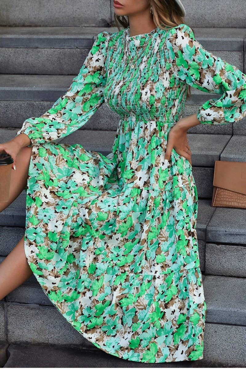 CWDMD4099_PRINTED PLEATED LONG SLEEVE CAKE DRESS