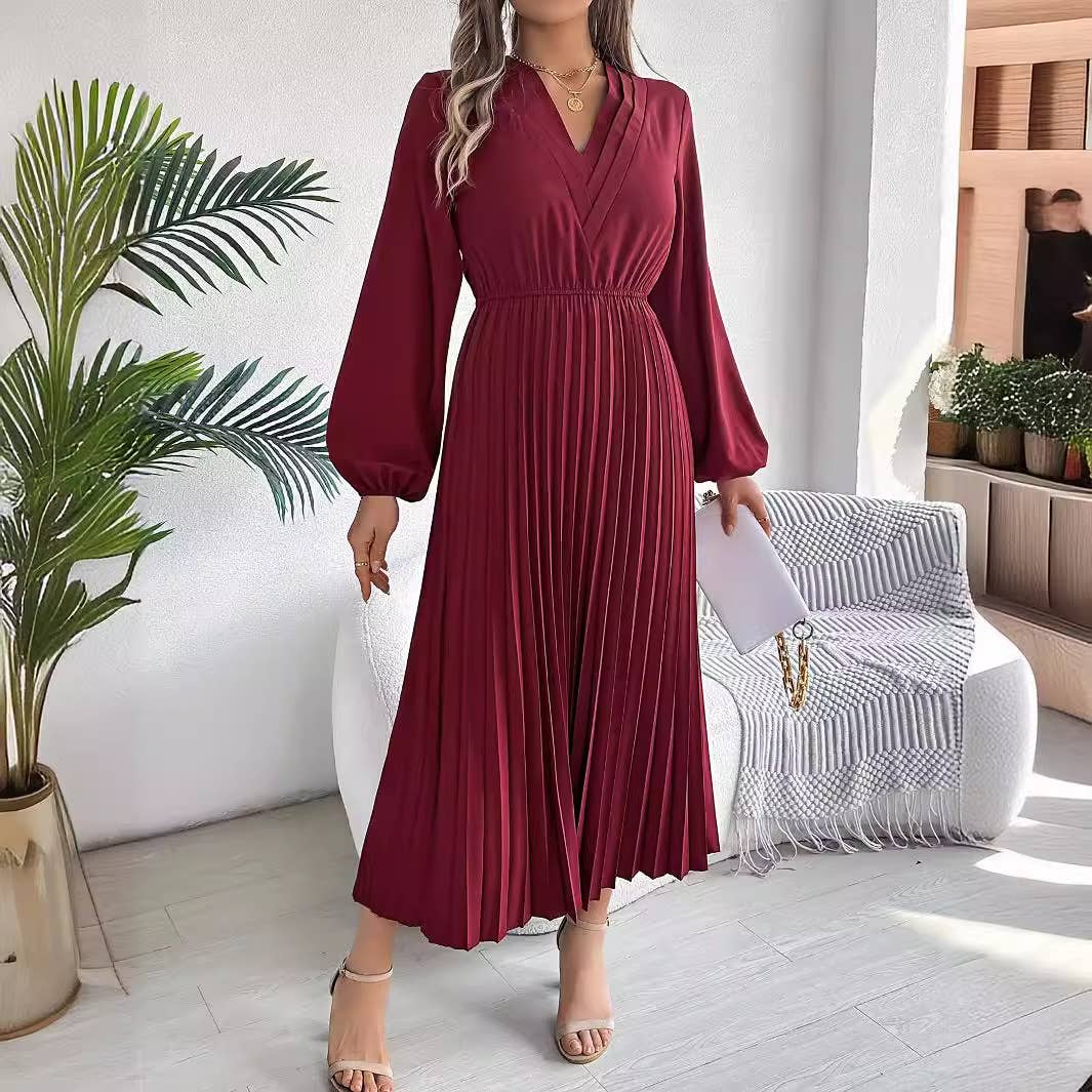 TRIPLE V-NECK LONG-SLEEVED WAIST PLEATED DRESS
