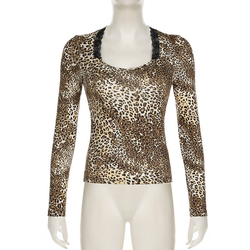 SQUARE COLLAR LEOPARD PRINT LACE LONG SLEEVE TOP