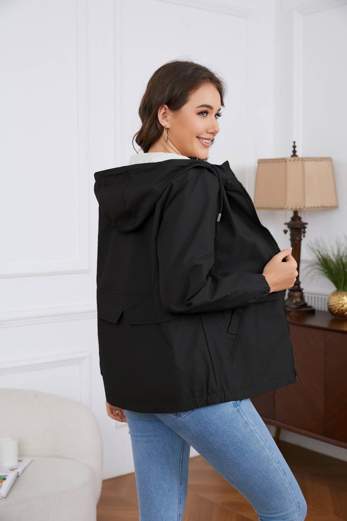 HOODED SOLID COLOR LONG SLEEVE TRENCH COAT