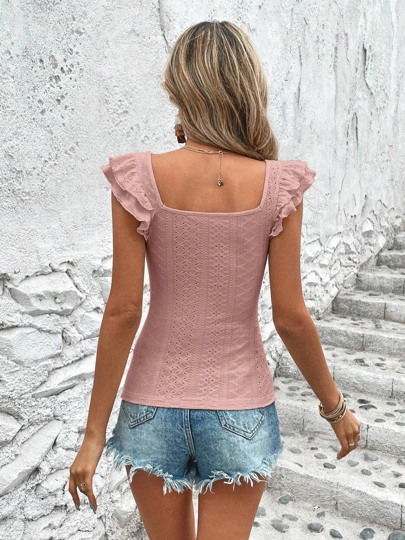 Square-neck ruffled solid color slim T-shirt