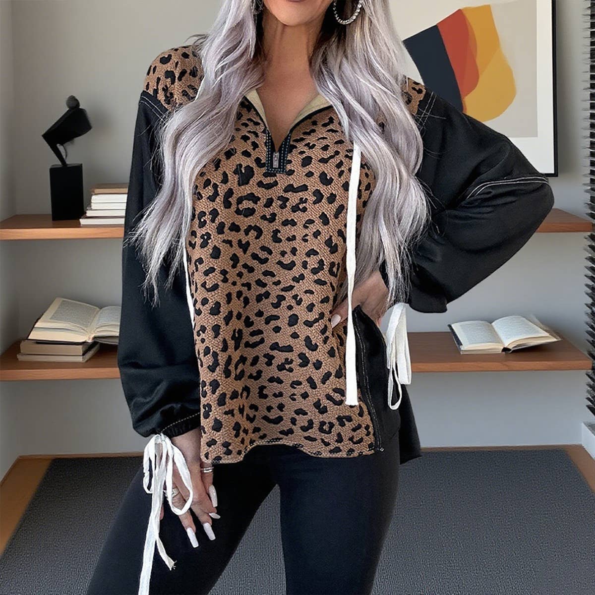 Color-blocked half-zipper hooded sweatshirt_cwohol00600