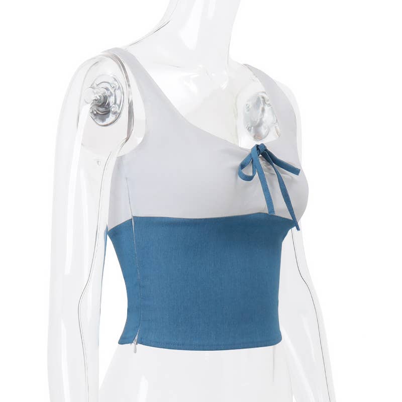 U-neck low-cut color-blocked short halter top