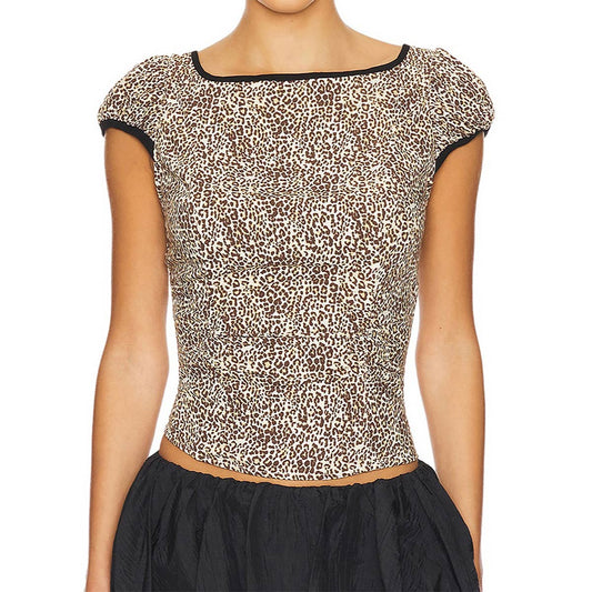 ROUND NECK TIE WITH BOW ADORN LEOPARD T-SHIRT