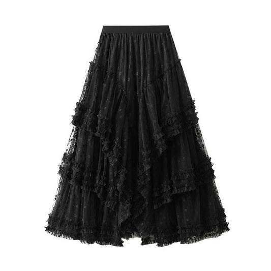 WHITE HEAVY LACE SPLICING IRREGULAR MESH SKIRT