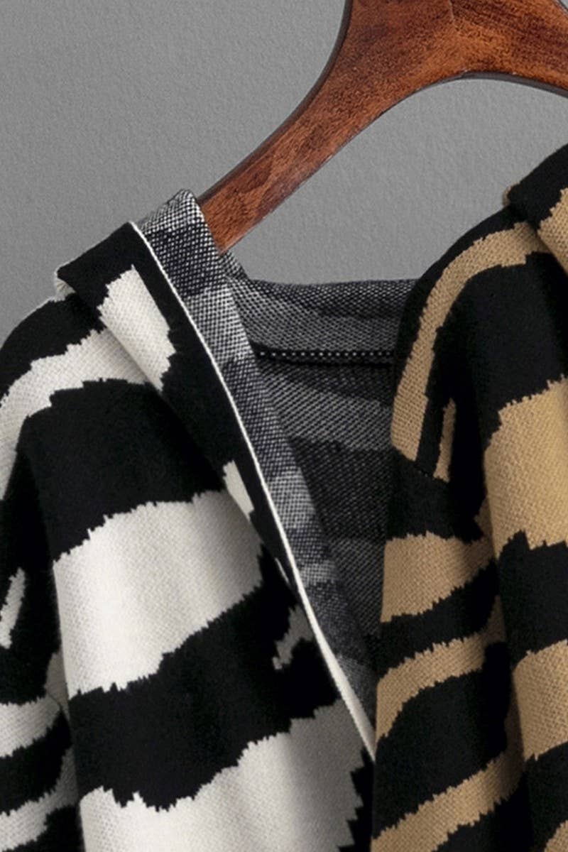 CWOCAL00679_V NECK HOODED ZEBRA PRINT LONG CARDIGAN