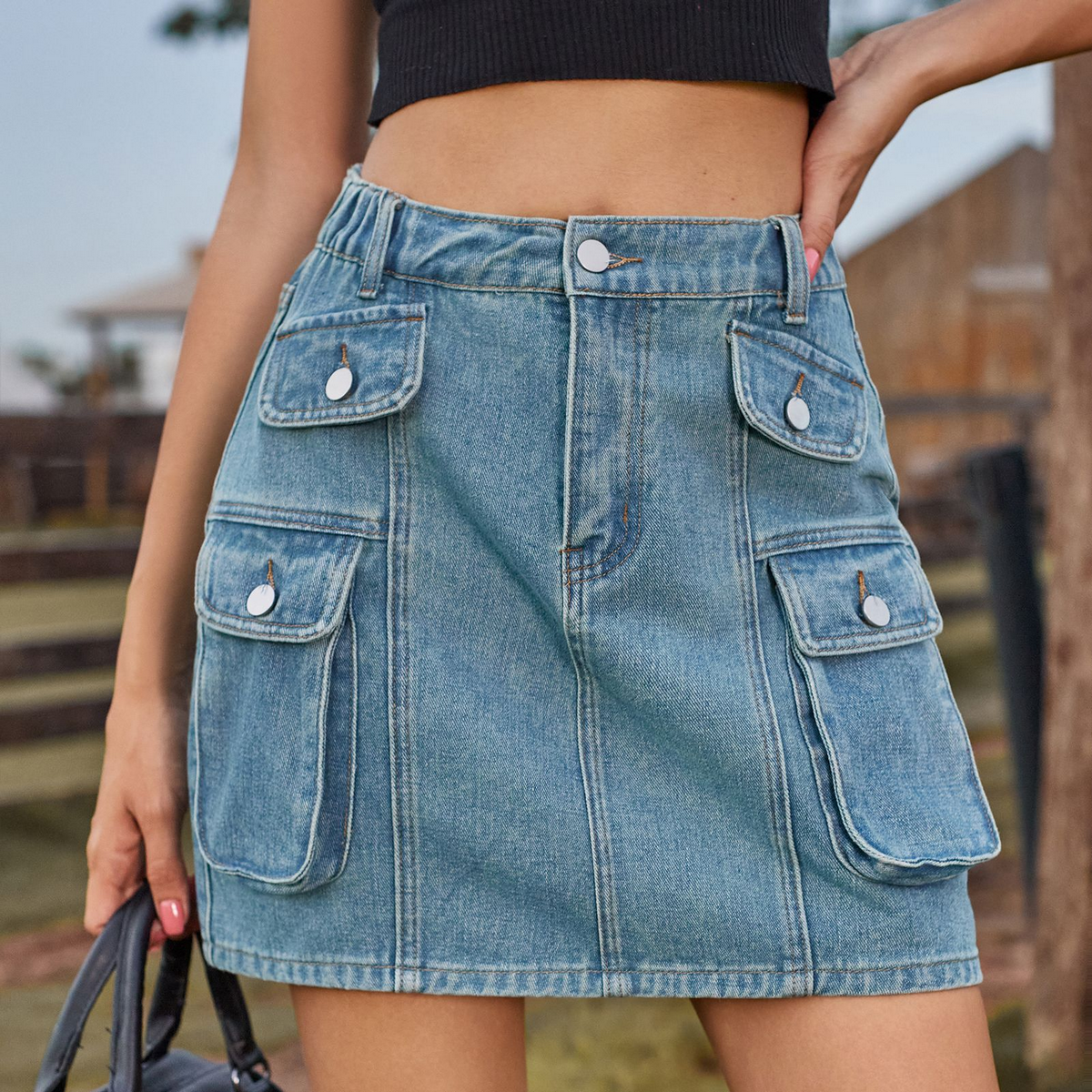 Washed Denim Mini Skirt Women Cargo Style