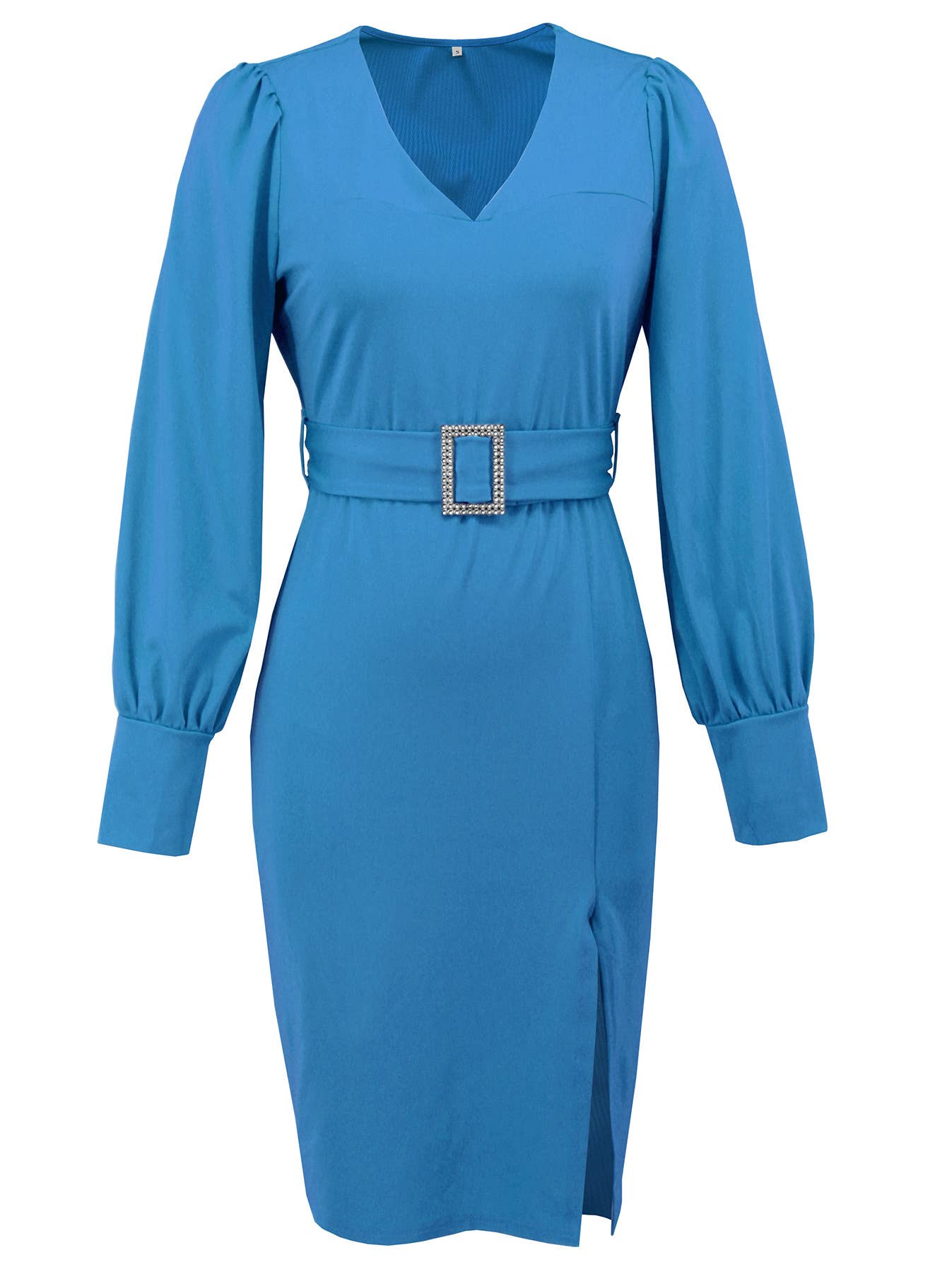 V-neck long-sleeved, belt-hugging knitted dress