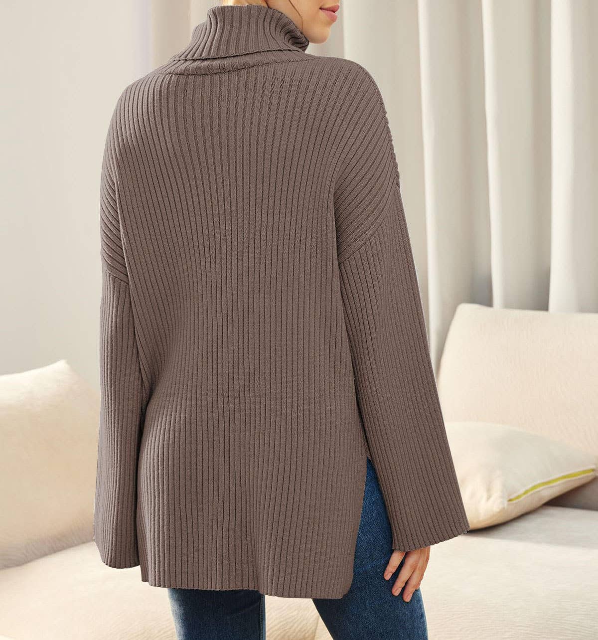 SPLIT TURTLENECK SOLID COLOR RIB KNIT SWEATER