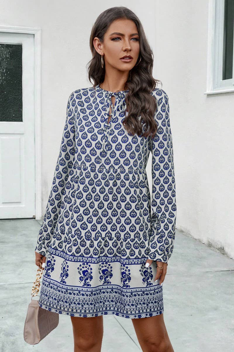 CWDSD4870_PRINTED LONG SLEEVE CREW NECK DRESS