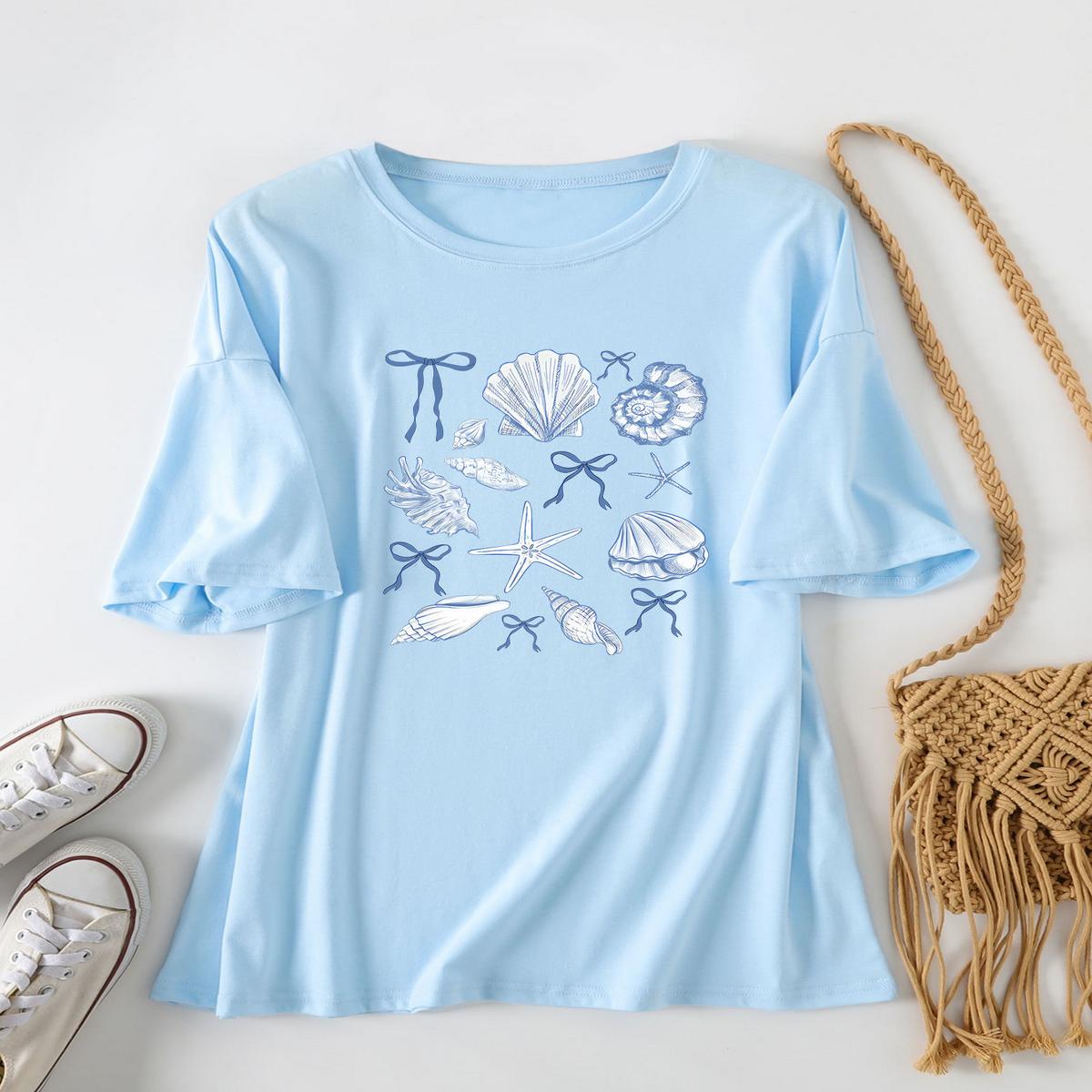 Cute Bow Print T-Shirt for Women, Shell Neckline