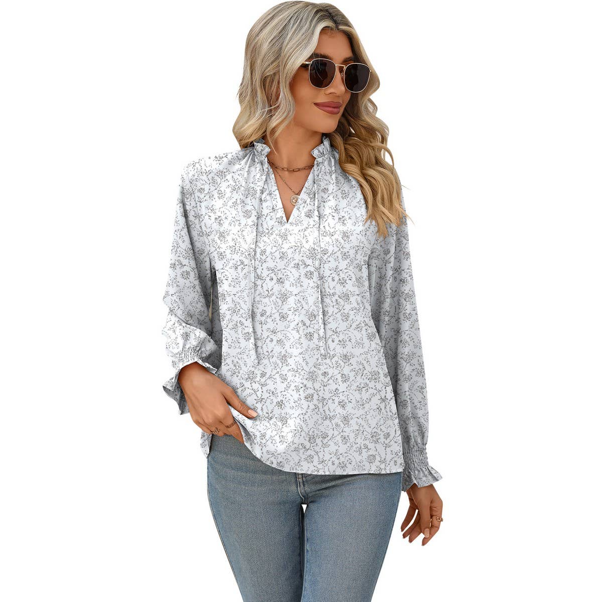 V-neck lace-up printed stand-up collar shirt