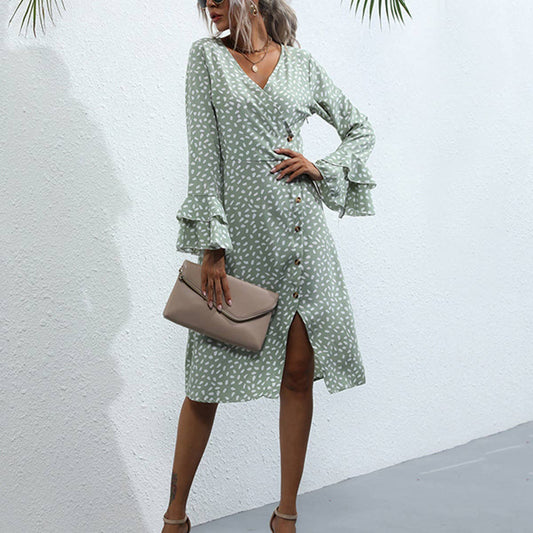 Slim print split long-sleeved French dress