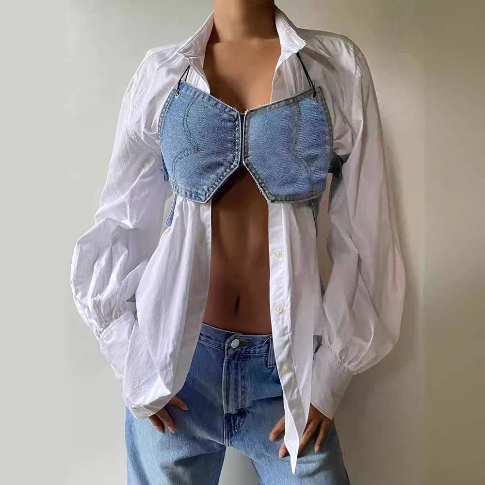 Unique denim strapless crop top streetwear