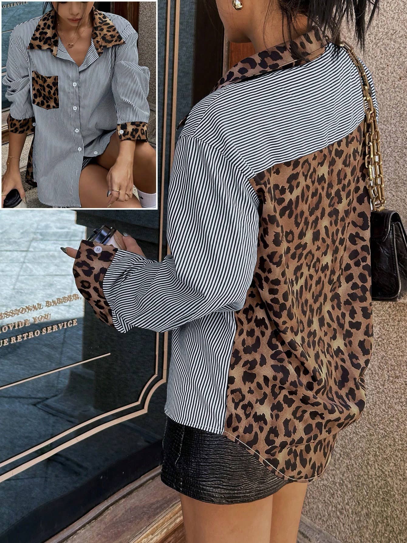 Fashionable leopard patchwork loose casual shirt