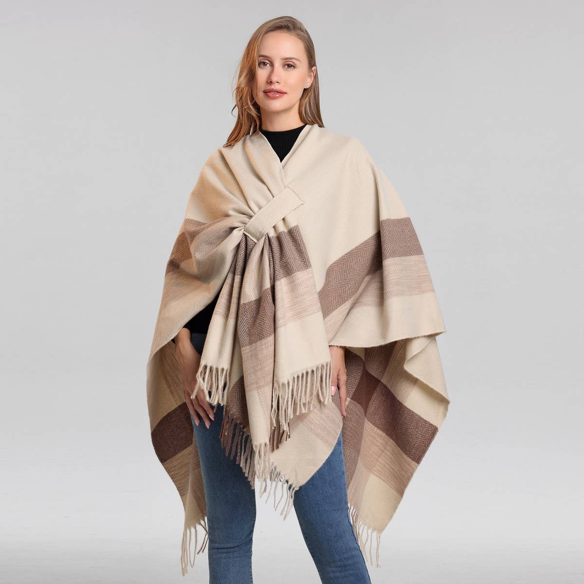 FRINGED CAPE FIXED TIE SHAWL FAUX CASHMERE SCARF