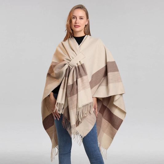 FRINGED CAPE FIXED TIE SHAWL FAUX CASHMERE SCARF
