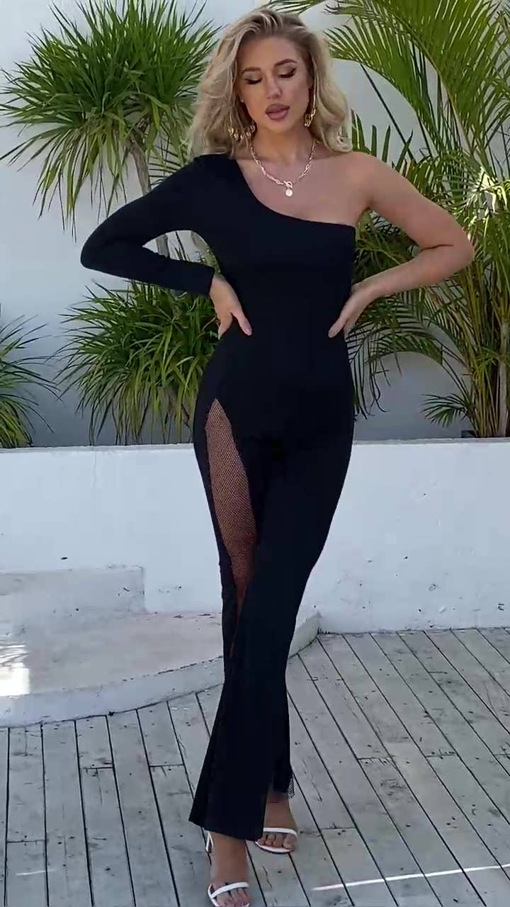 Stylish one-shoulder mesh patchwork jumpsuit
