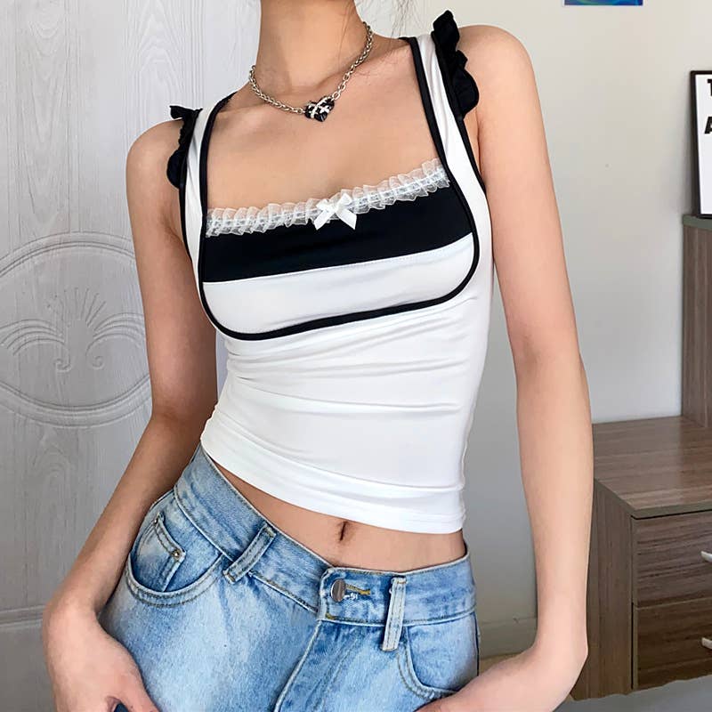 Lace-trimmed, contrasting color, slim short vest