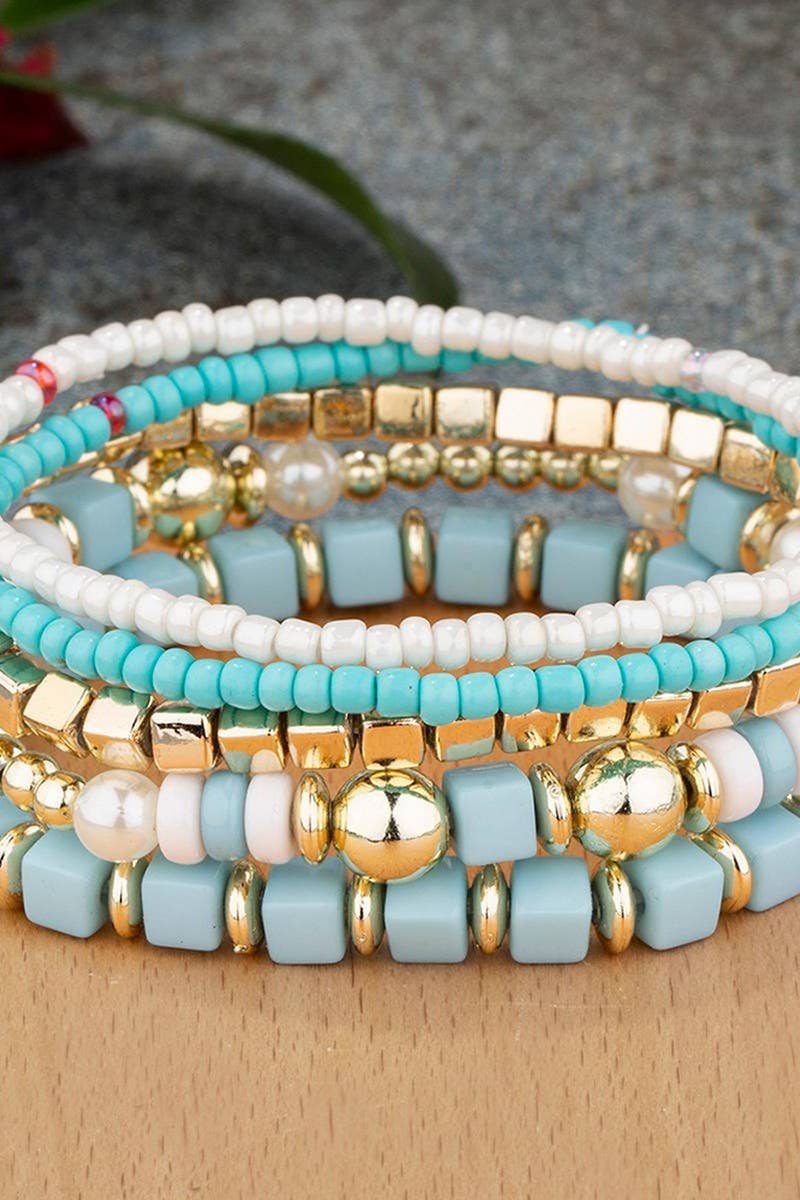 CWAJE1180_WHITE TURQUOISE CRYSTAL BEADWD BRACELET SET