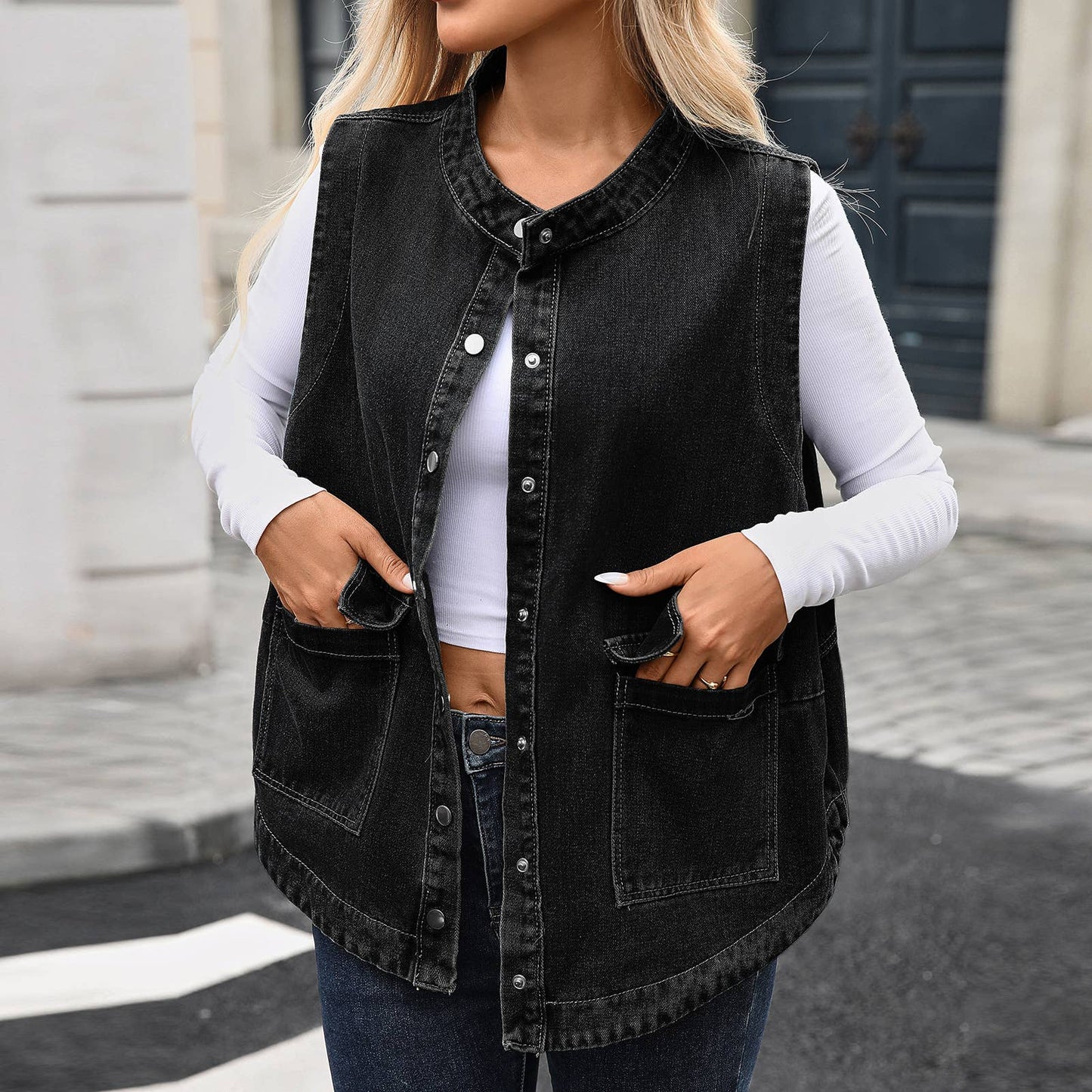 Washed casual loose denim vest jacket