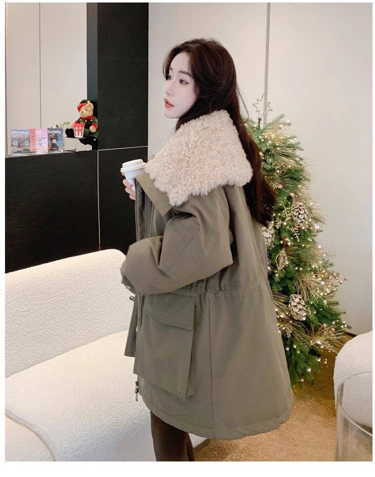 Large lapel horn buckle waist cottons jacket