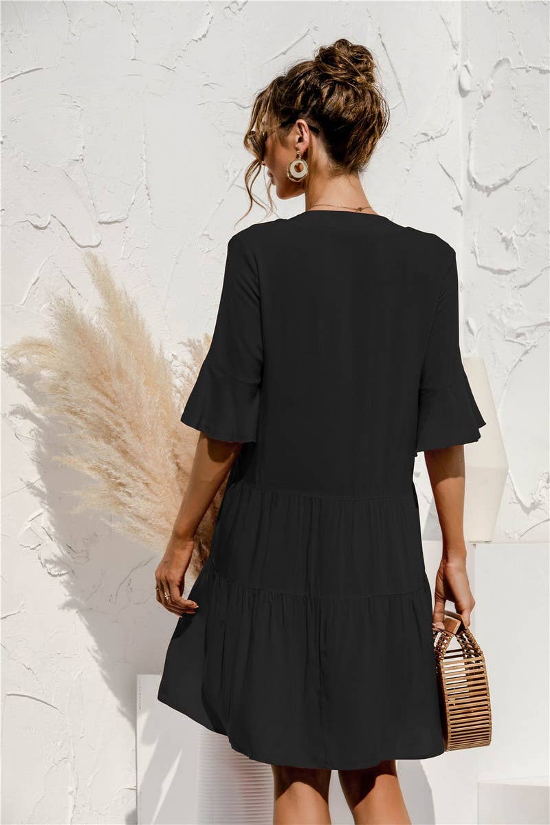 V NECK FLARED SLEEVE PATCHWORK DRESS_CWDSD2463