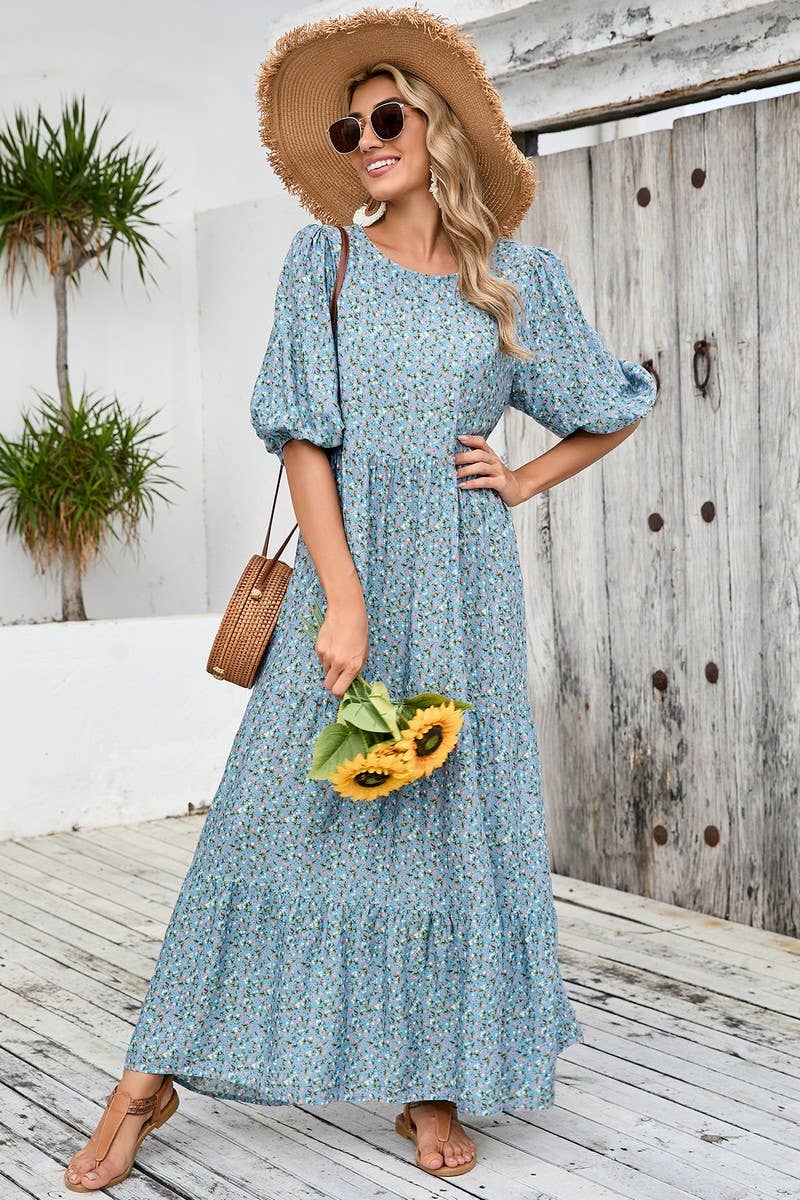 CWDMD4105_LOOSE ROUND NECK RETRO CASUAL FLORAL ROBE DRESS