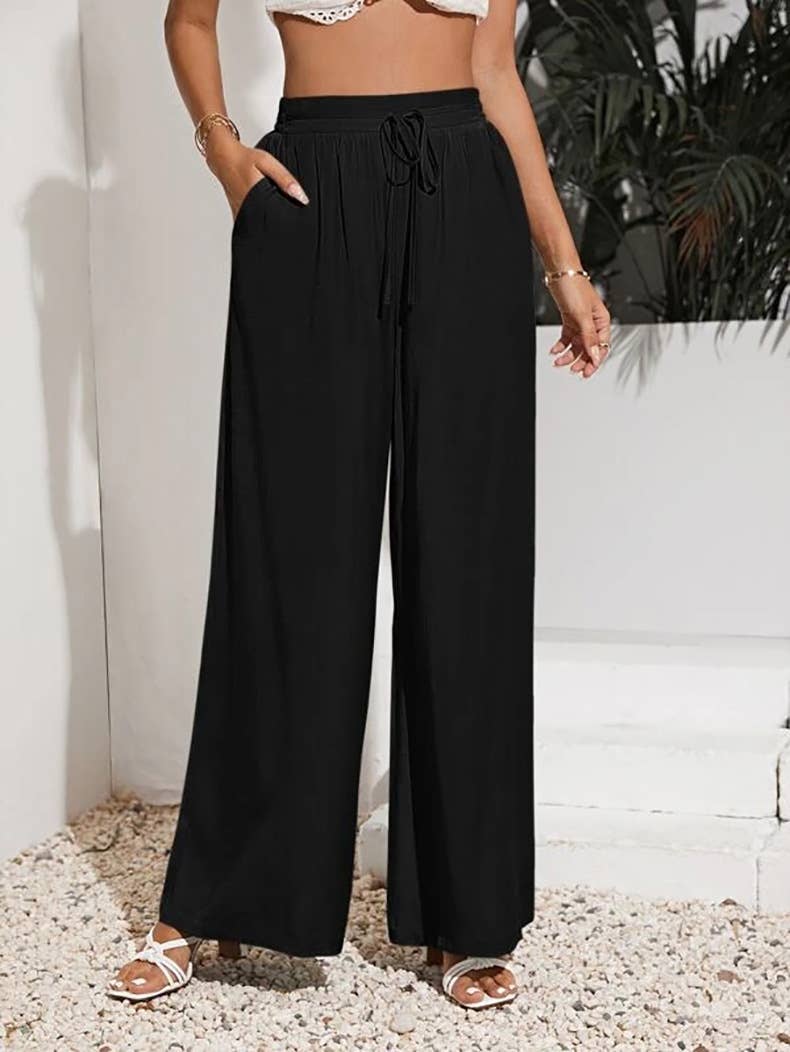 Solid-color loose tight waistband wide-leg pants