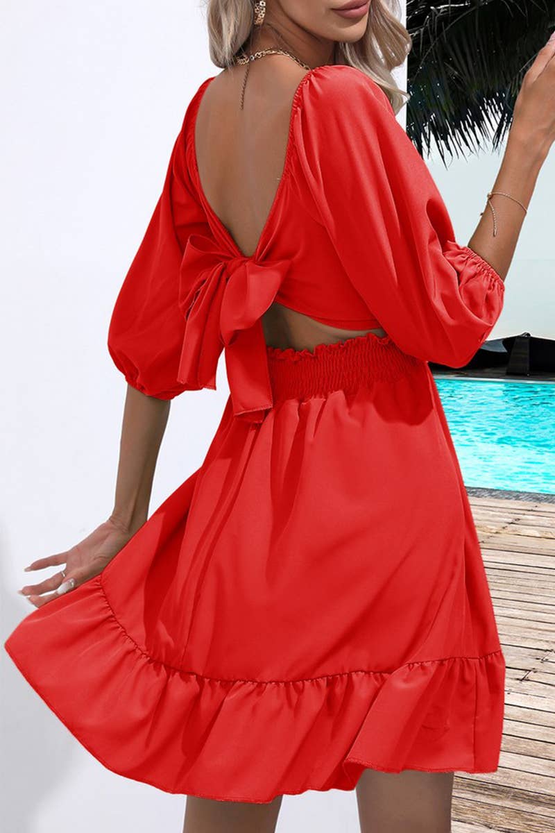 CWDSD7390_SUMMER RUFFLED SQUARE NECK TIE SHORT DRESS