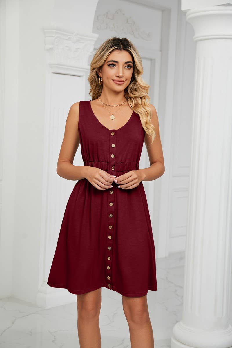 CWDSD3114_ROUND NECK SLEEVELESS BUTTON POCKET WAIST DRESS