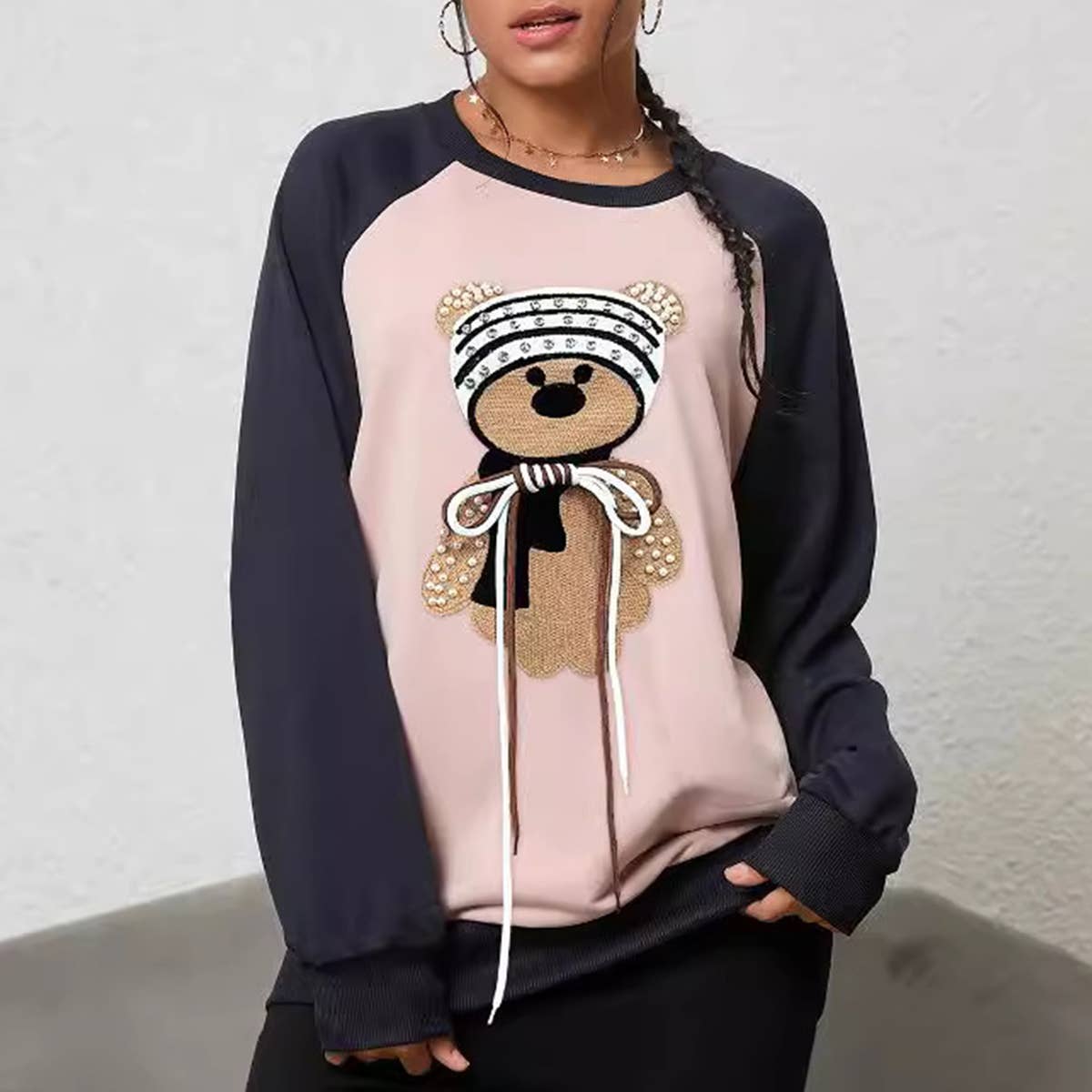 Design Sense Bear Lace-Up Color Matching Hoodie