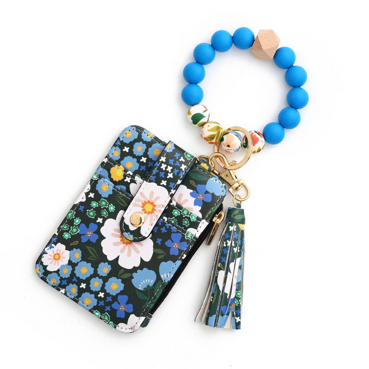 Floral PU Wallet with Bead Bracelet & Card Holder_CWAB4955
