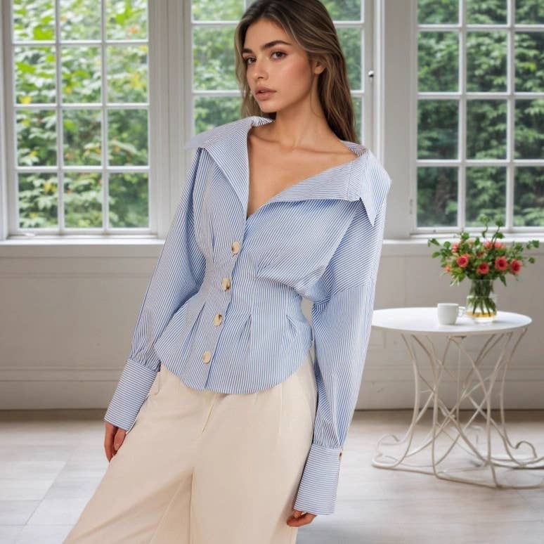 Lapel puffed sleeve pleated and cinched shirt