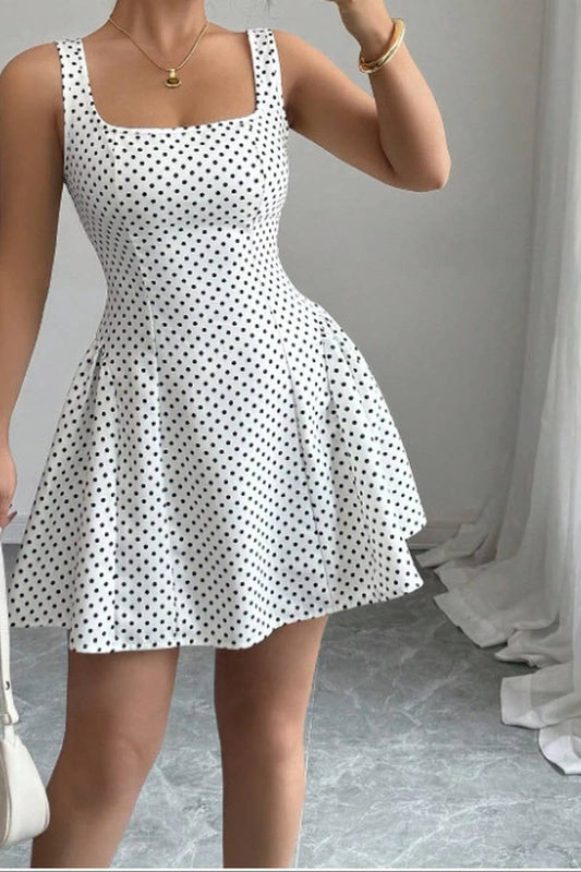 CWDSD10511_PURE DESIRE STYLE SLIM SQUARE NECK POLKA DOT DRES