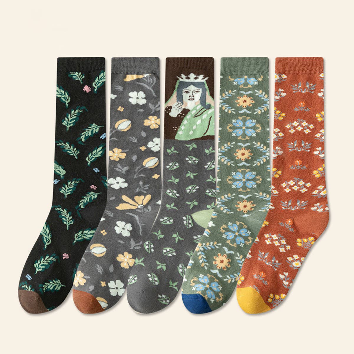 CWMS02741_WOMEN VINTAGE FLORAL KNEE HIGH SOCKS COTTON