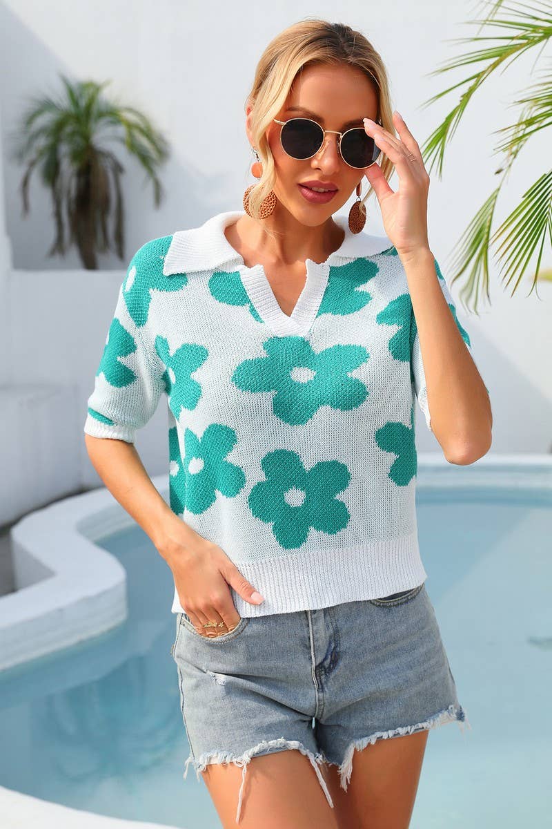 LAPEL FLOWER PRINT SHORT SLEEVE T SHIRT_CWOSWS0067