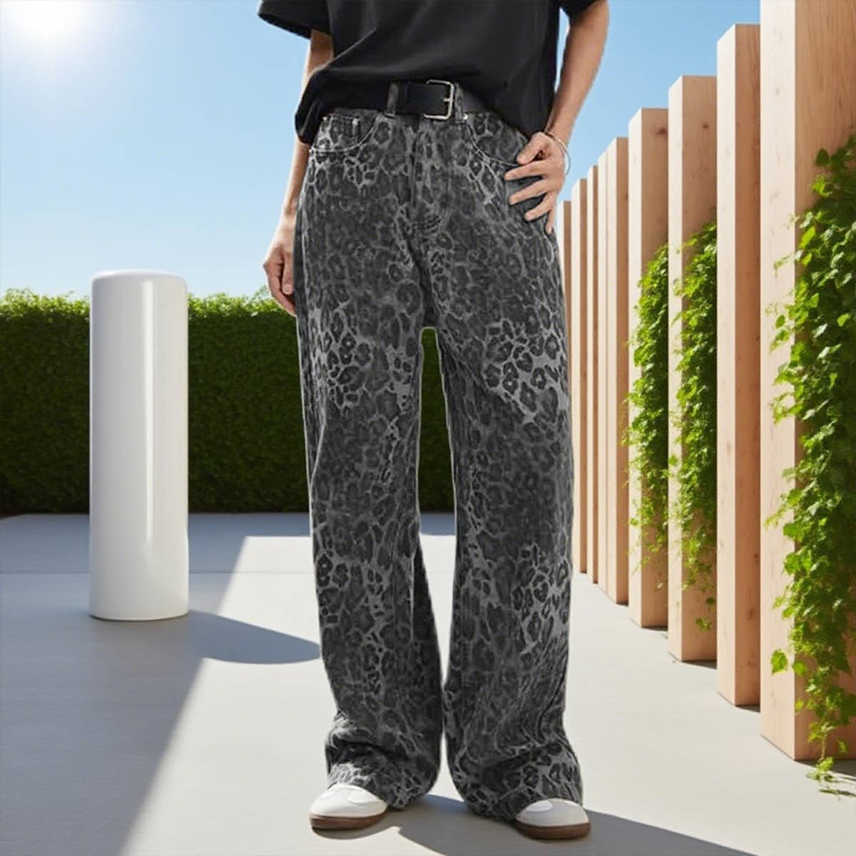 Retro leopard print loose casual wide-leg jeans