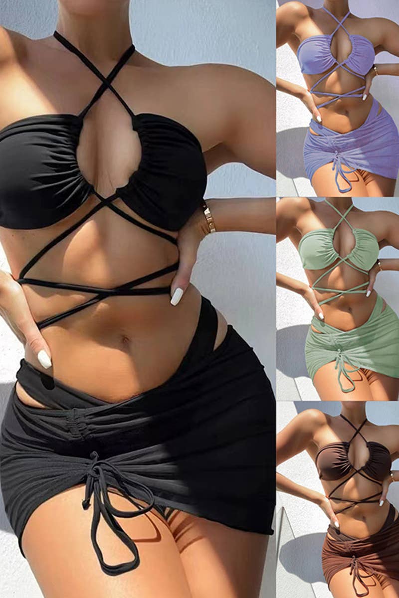 CWMW0804_WOMEN'S TWO-PIECE SOLID COLOR SWIMSUIT