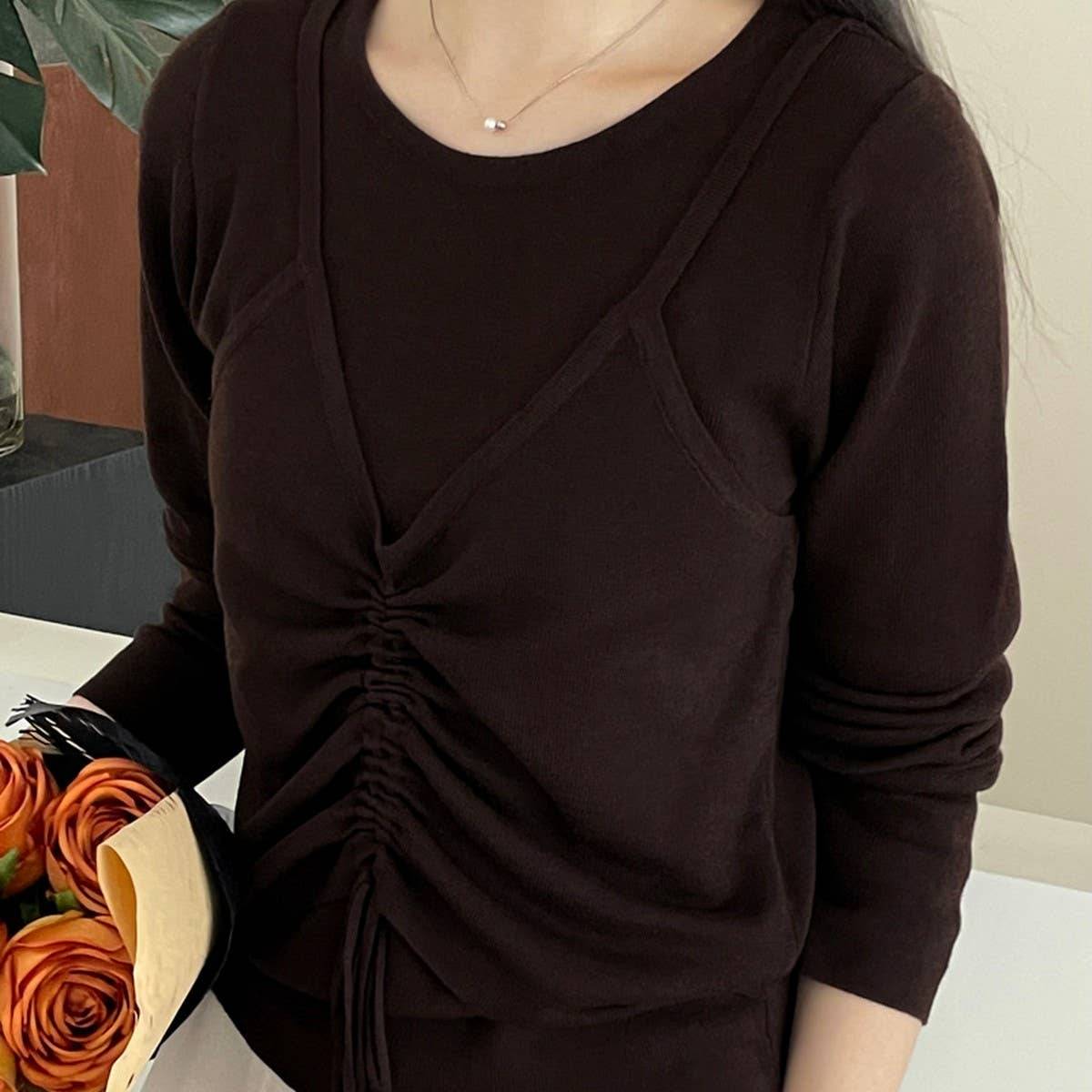 Fake two drawstring slimming knit long-sleeved tops