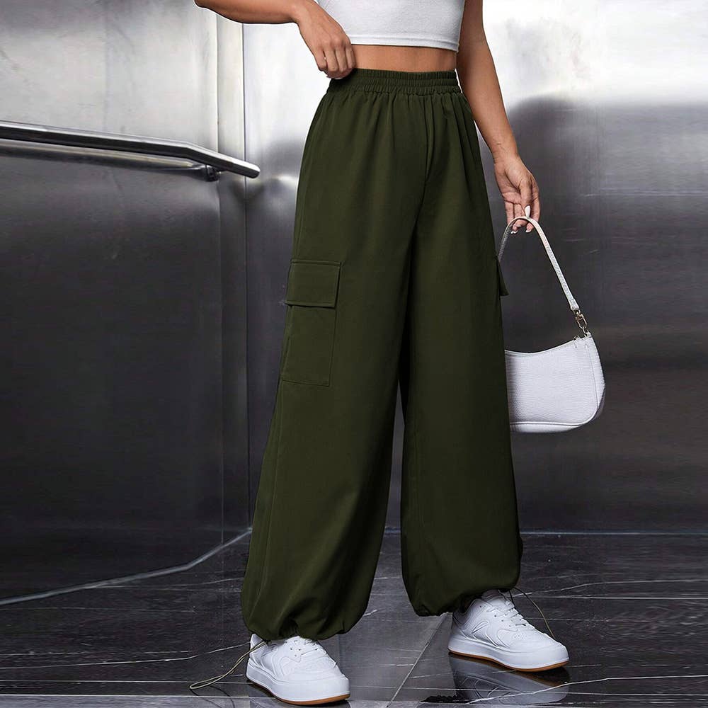 ELASTIC WAIST CASUAL WIDE LEG SPORTS CARGO PANTS
