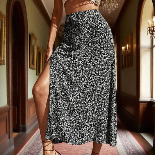 High-slit A-line body-hugging mid-waist skirt