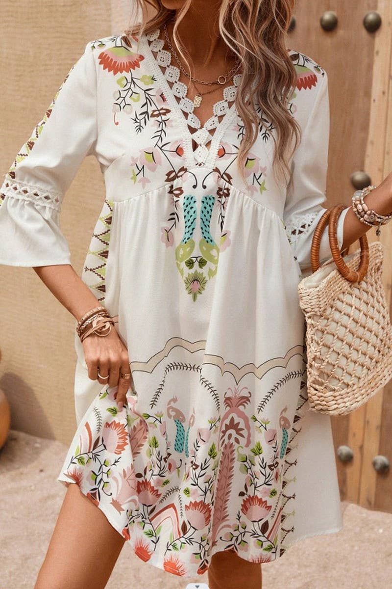 CWDMD4946_SUMMER V-NECK LACE PATCHWORK CASUAL PRINT DRESS