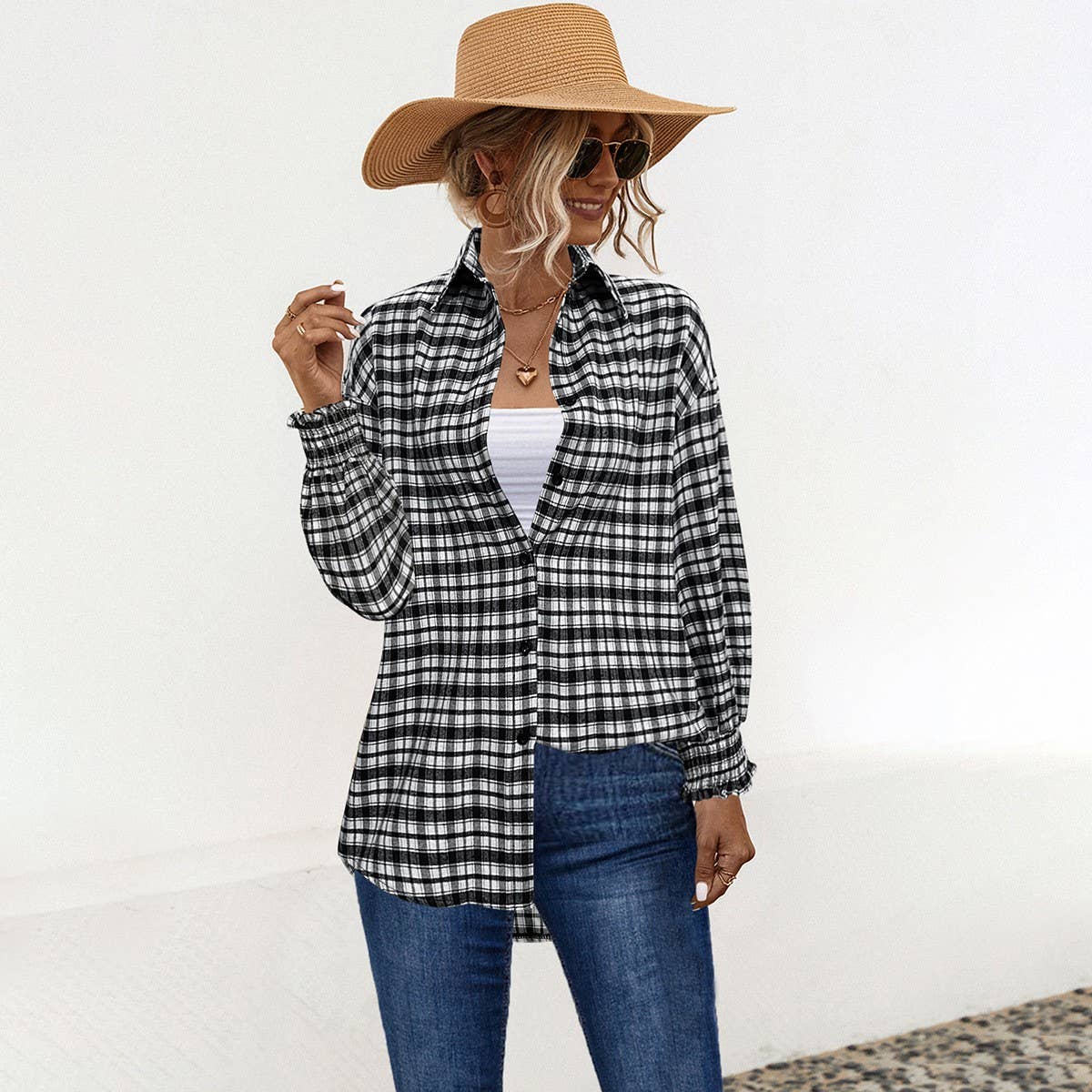 Temperament loose puffed sleeve plaid shirt