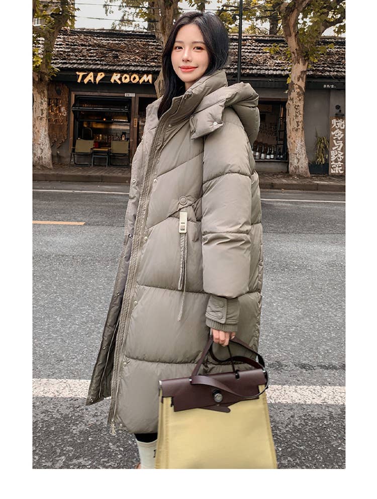 Warm hooded thick long pure color quilted jacket