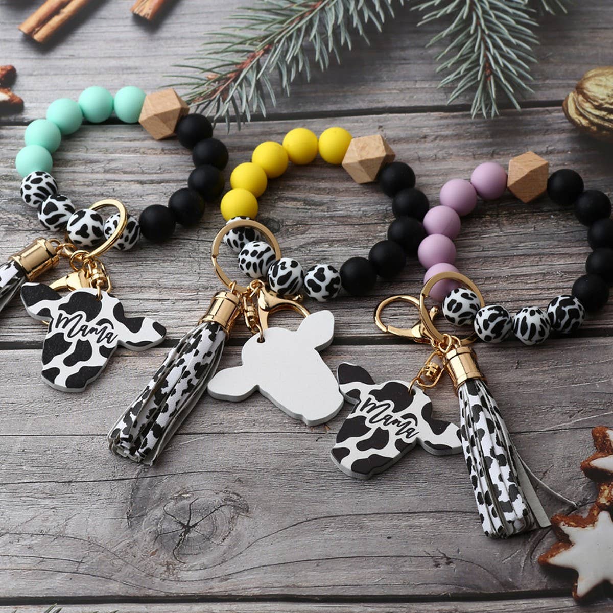 Western Bull Head Keychain Silicone Bead Bracelet_CWAB5027