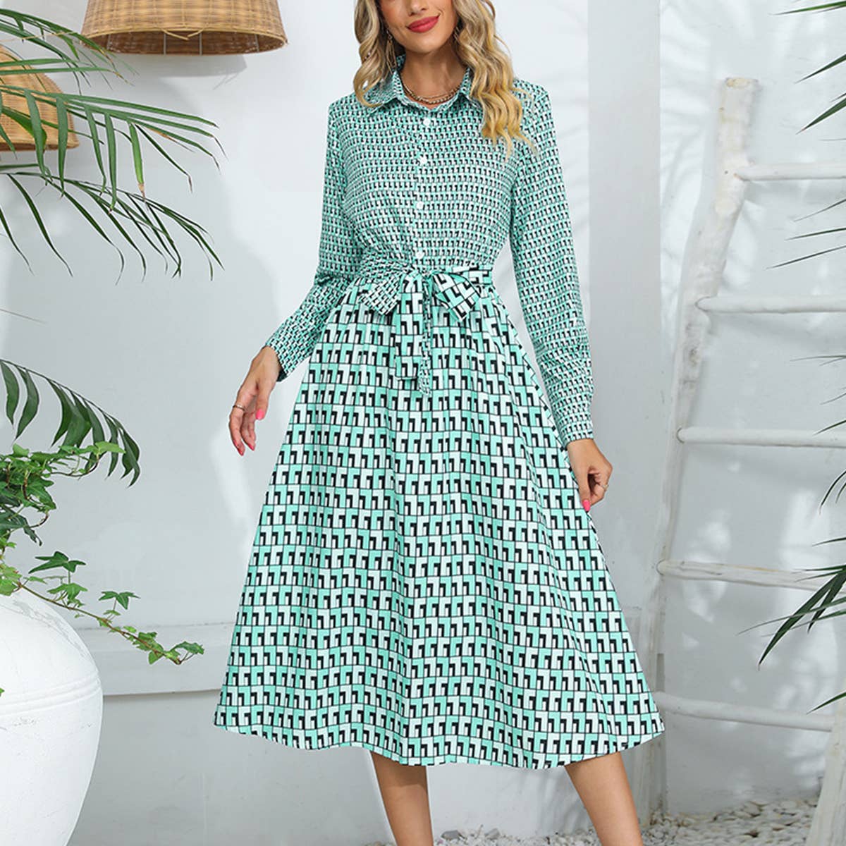 PLAID PATCHWORK LACE-UP LONG-SLEEVED DRESS